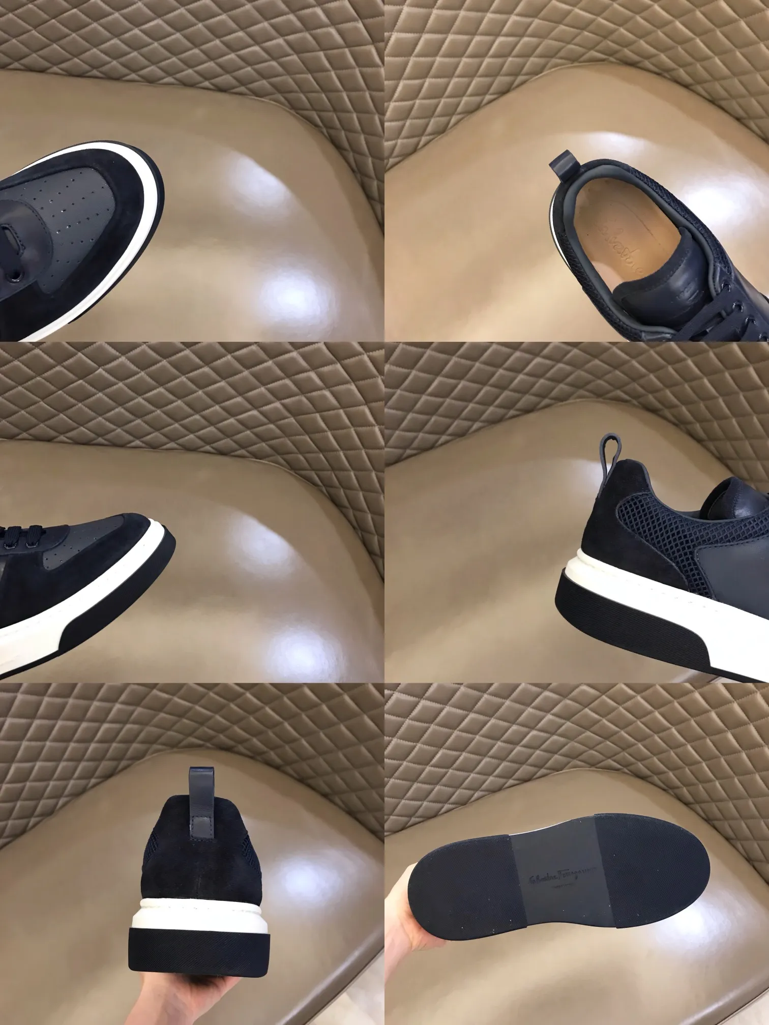 p420 "Salvatore Ferraga**" men's low-cut fashion sneakers. This casual shoe has a novel structure and is made of soft calfskin. The contrasting color elements on the upper highlight the bold and avant-garde atmosphere. The first-layer cowhide lining is high-end and comfortable. Energetic and fresh, these shoes can be worn with casual looks or add a touch of street style to elegant trousers.  Size: 38-44